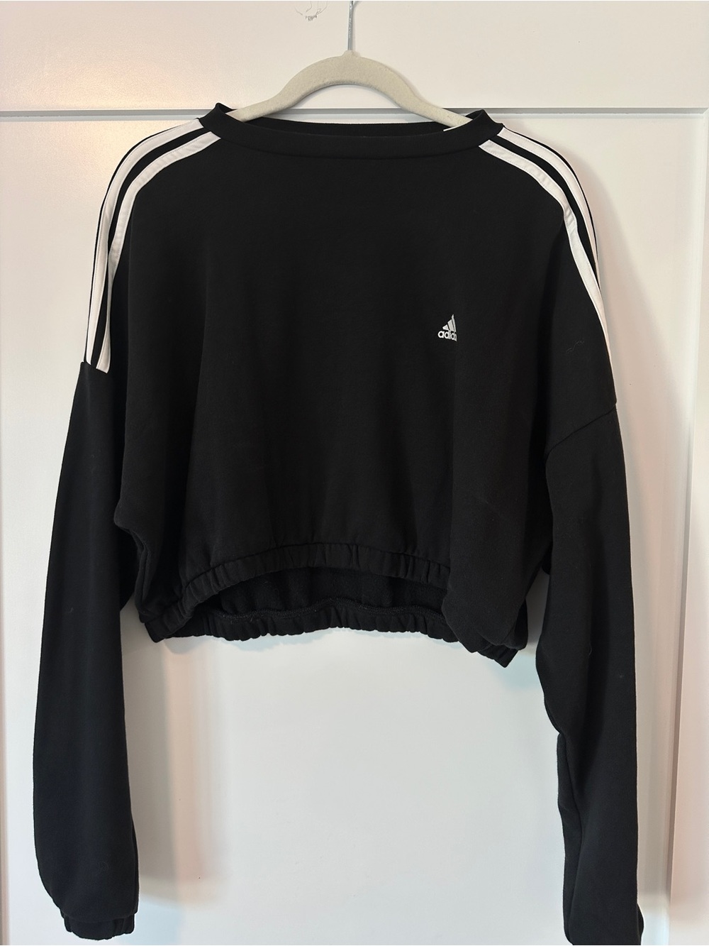 adidas Black Cropped Crew Sweatshirt with White Shoulder Stripes